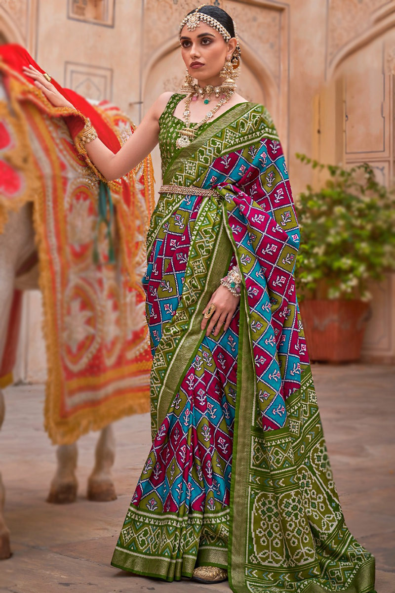 Ethnic Olive Green Patola Print Silk Saree For Mehndi SARV162655