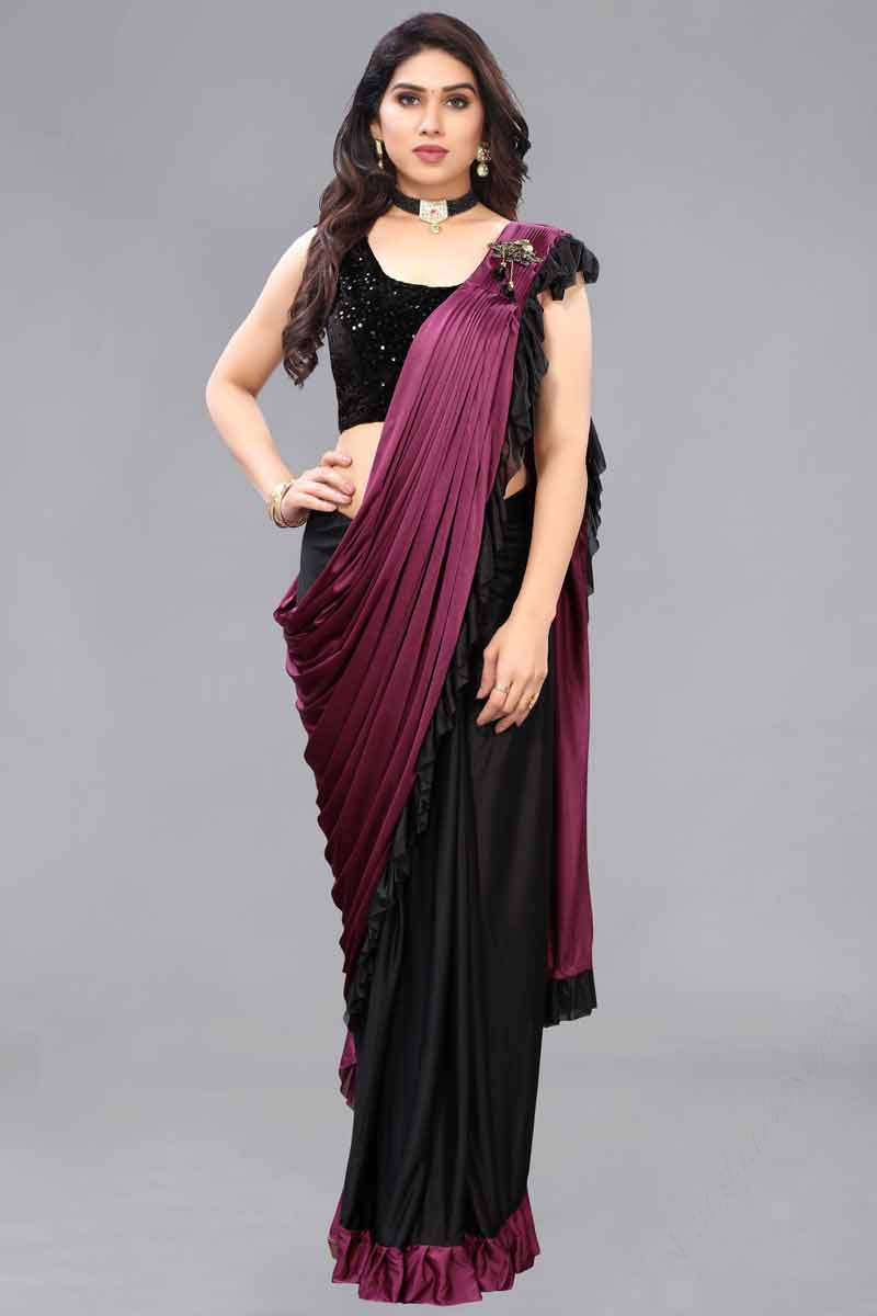 Cheap Fashion Fancy Indian Poly Crepe Black Saree SARV119305