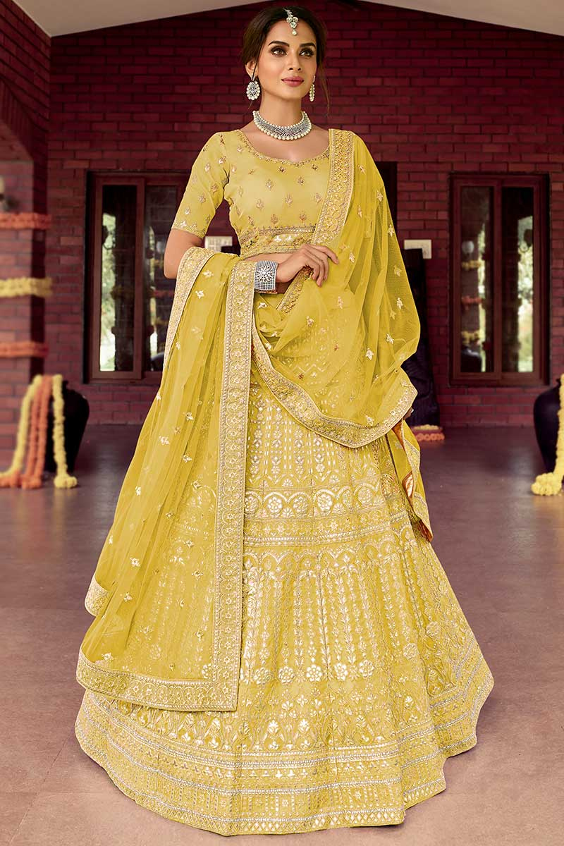 Fancy Mustard Yellow Organza Embroidered Lehenga