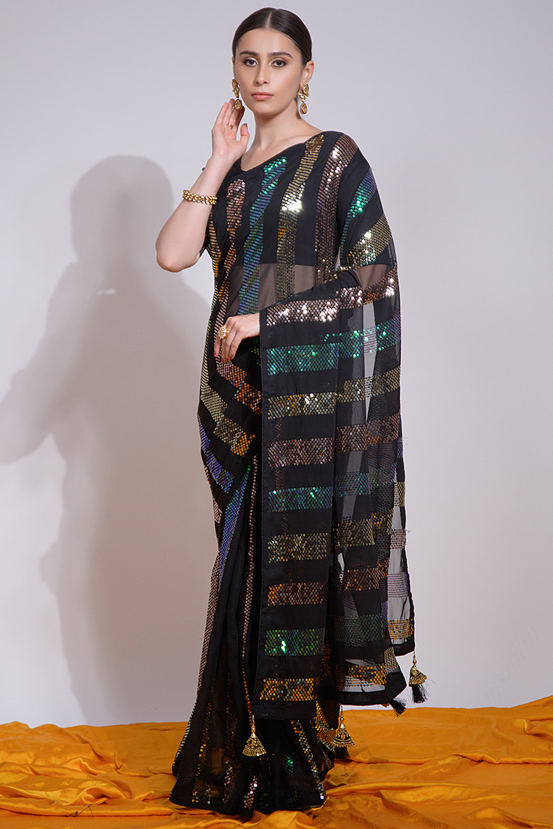 Satin Zari New Pathan Fabric Black Fancy Party Wear Saree at Rs 1485 in  Ahmedabad