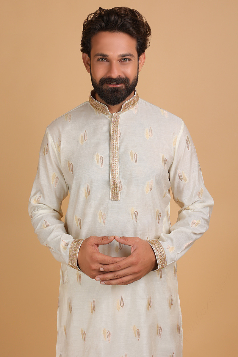 Fashionable Off White Woven Zari Men s Kurta Pajama