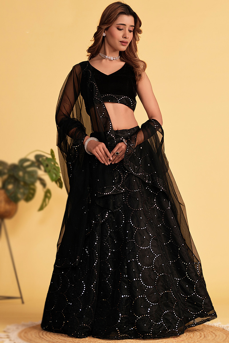 Faux Mirror Embroidered Black A Line Net Lehenga