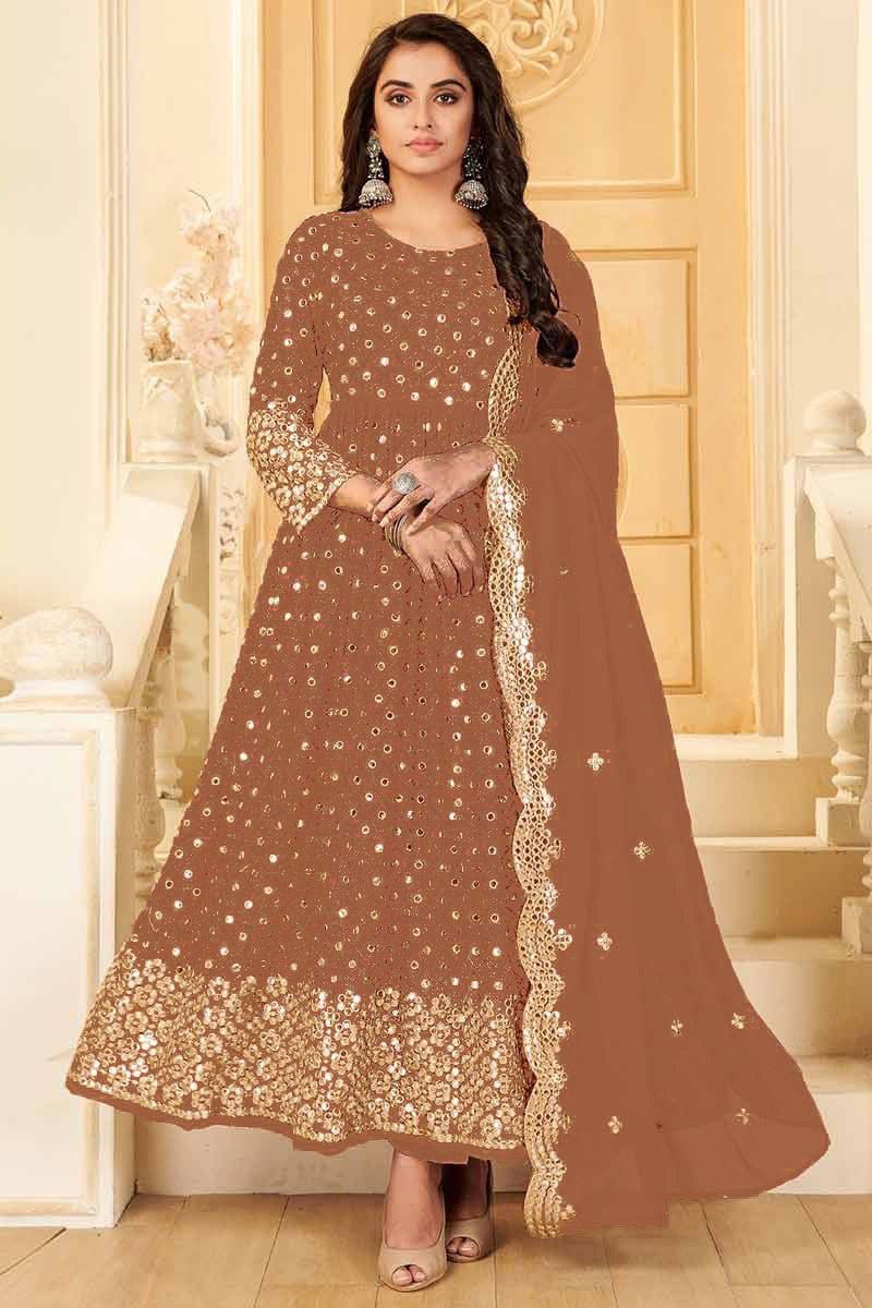 Faux Mirror Embroidered Georgette Brown Party Wear Anarkali Suit