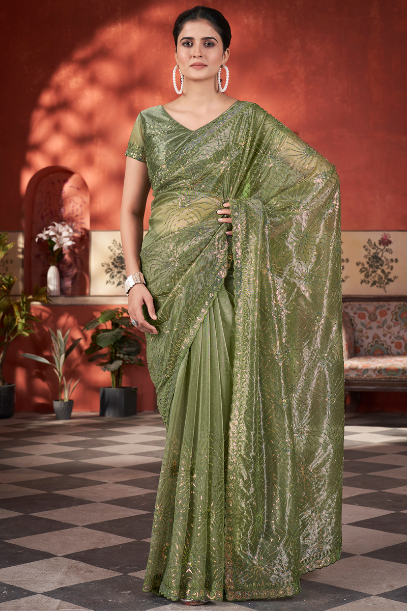 Fern Green Net Saree With Sequins Work For Diwali