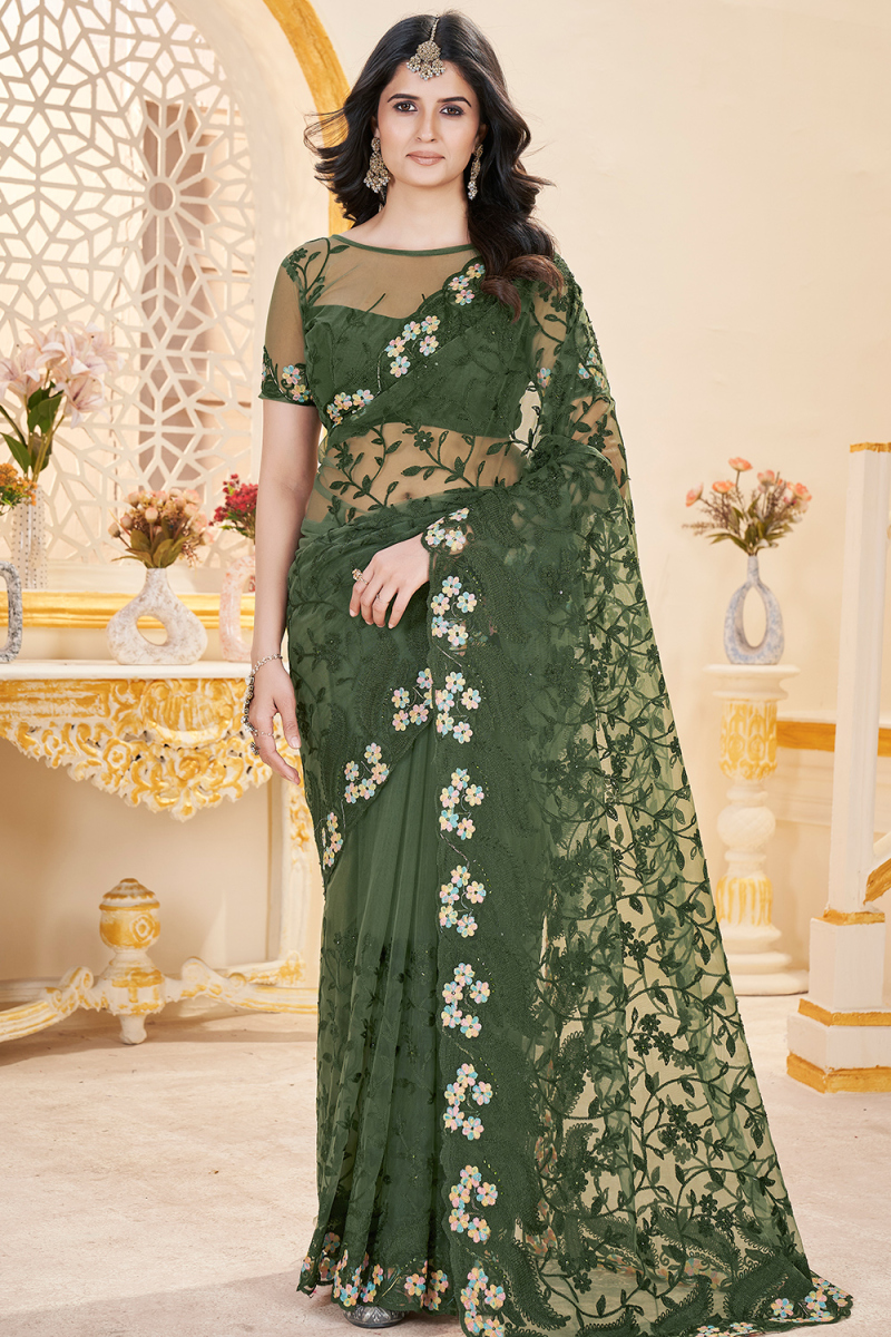 Fern Green Net Saree with Stone Work for Wedding