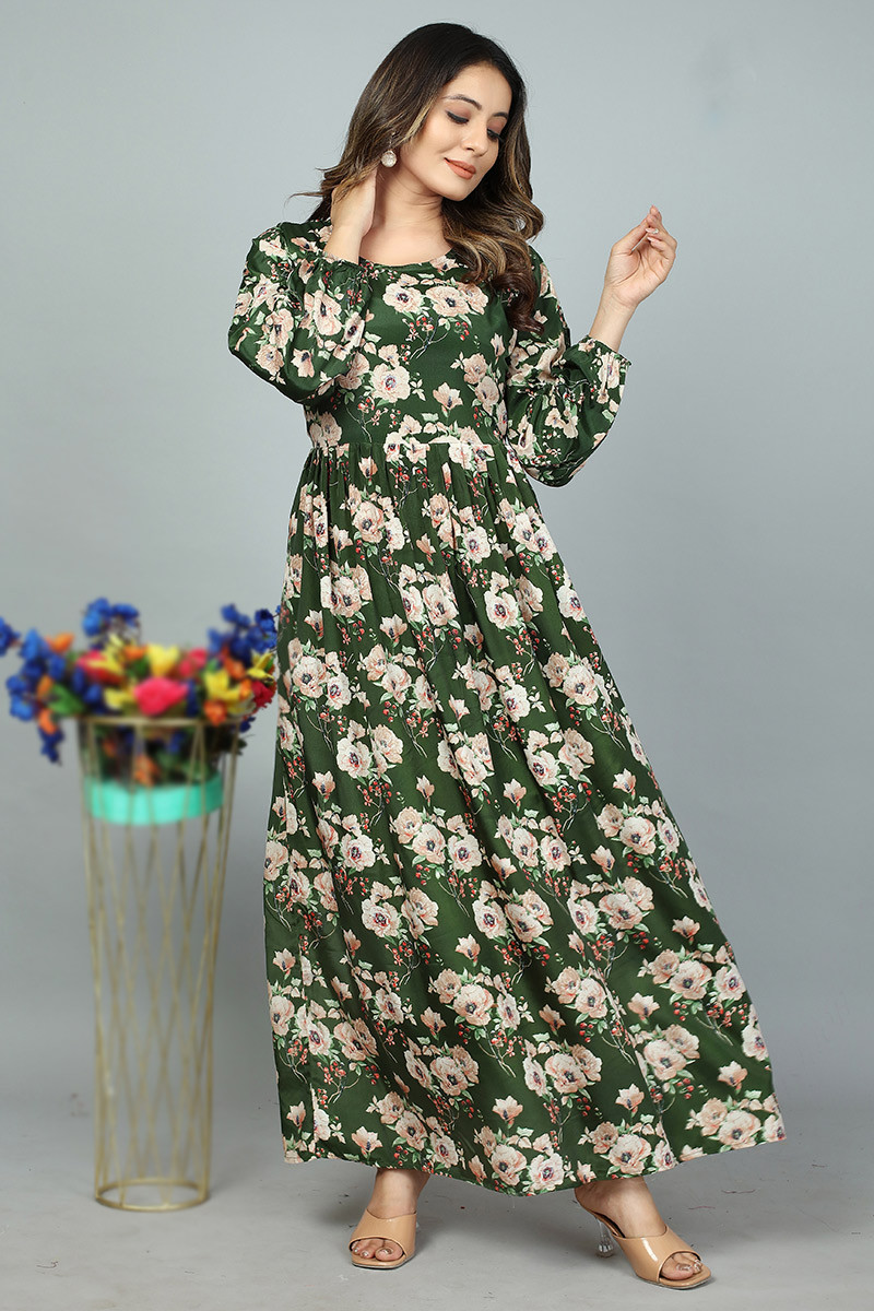 Fern Green Silk Gown with Printed Design Lycra Bottom and Net Dupatta LSTV123564