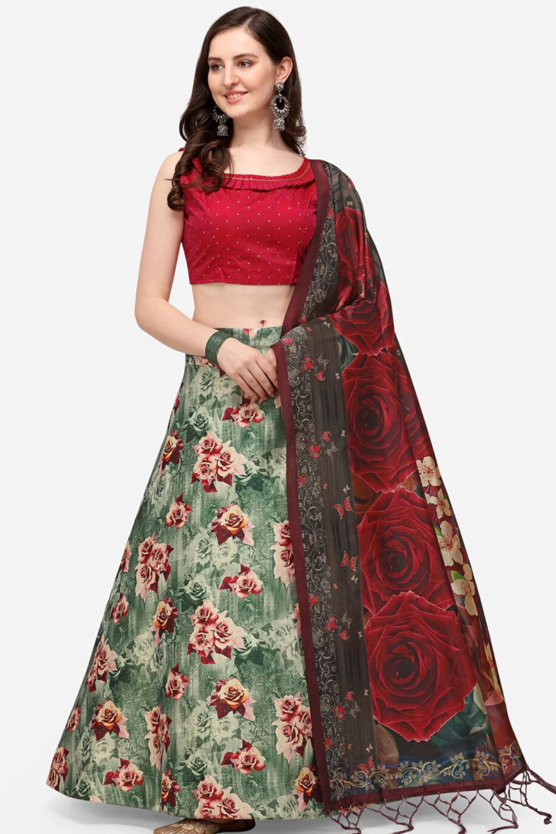 Fern Green Silk Digital print A-Line Style Lehenga