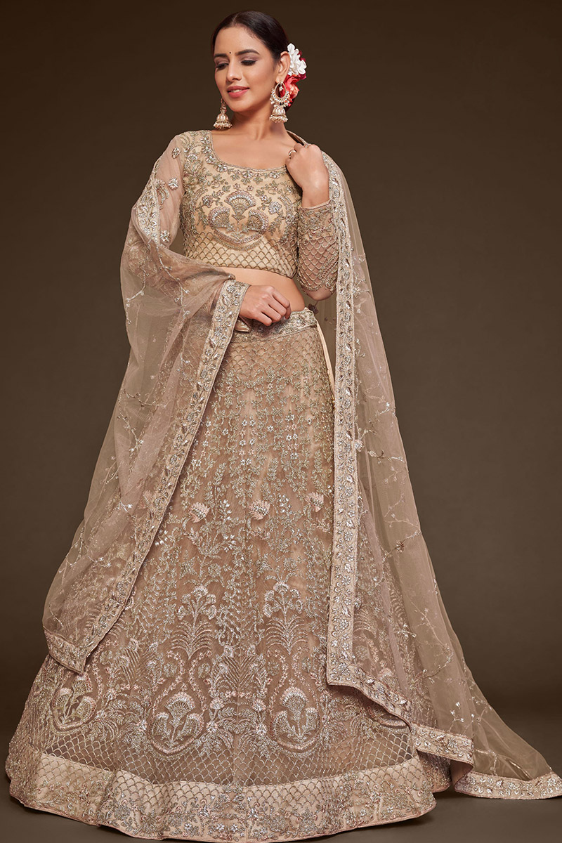 Festival Wear Beige Net Embroidered Lehenga 