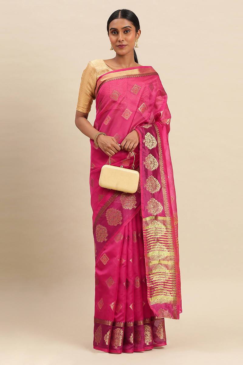 Kora organza silk saree with contrast pink border, zari motifs and running  blouse | Saree blouse designs, Fashion, Saree