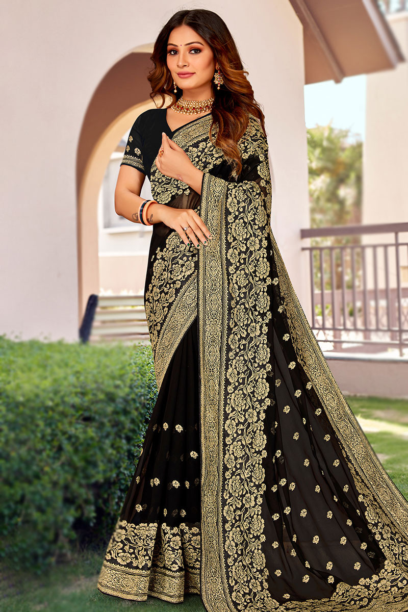 Buy House Of Pataudi Black & Gold Toned Floral Zari Silk Blend Banarasi  Saree - Sarees for Women 15954104 | Myntra