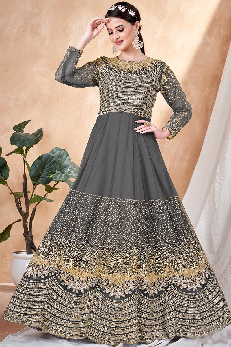 Festival Wear Grey Zari Embroidered Net Anarkali Suit LSTV125552