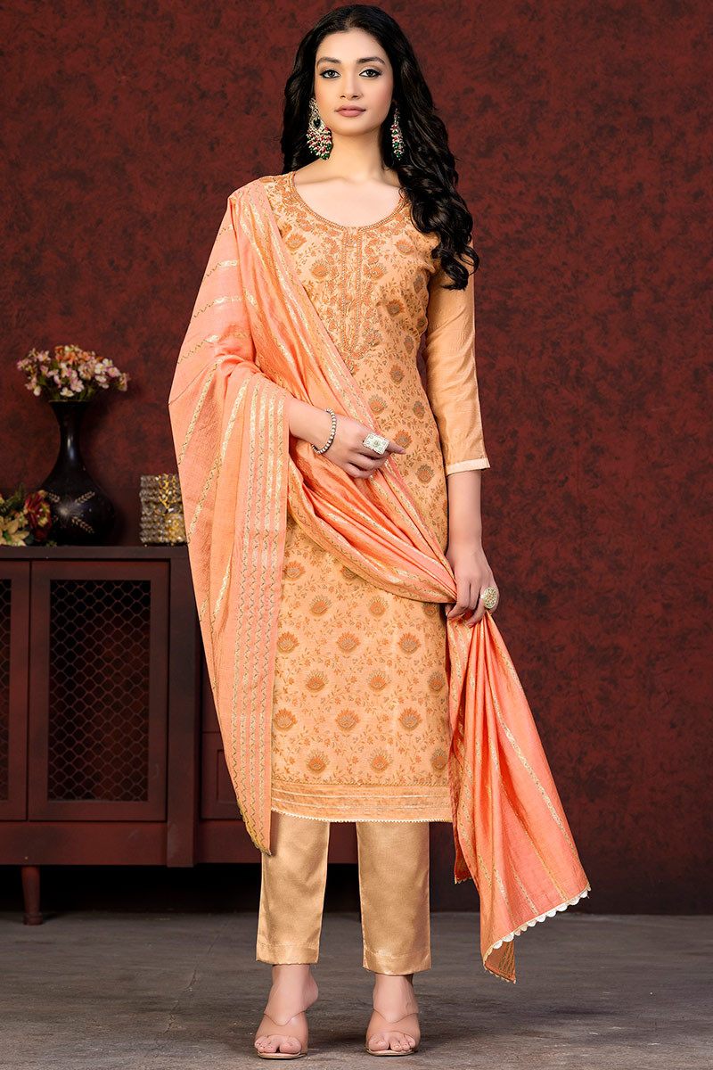 Buy Light orange beige Modal Chanderi Regular Wear Hand Work Churidar Suit  Online From Wholesale Salwar.