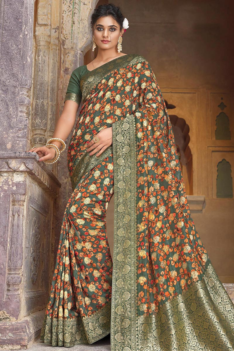 Buy Festival Wear Moss Green Silk Woven Zari and Printed Saree