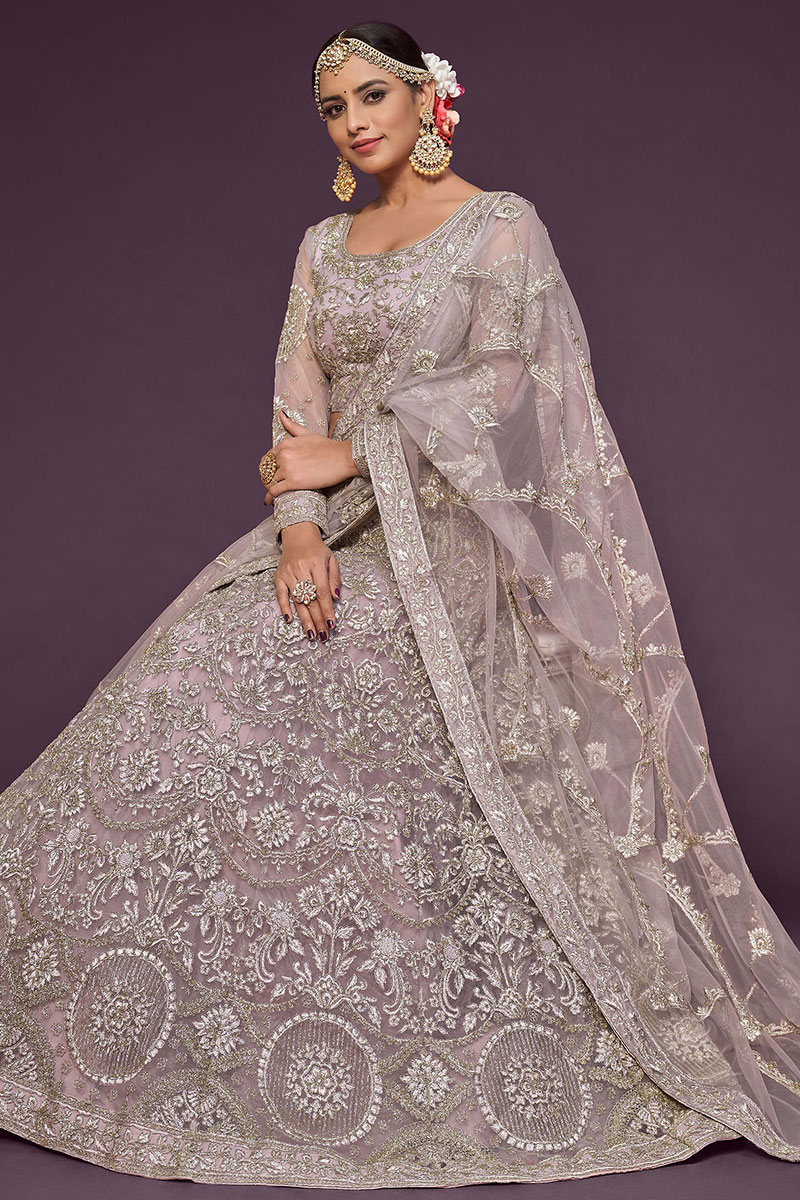 Festival Wear Net Light Grey Embroidered Lehenga 