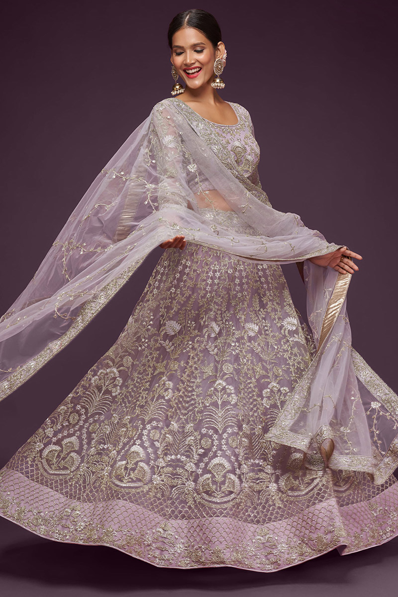 Festival Wear Net Light Purple Embroidered Lehenga 