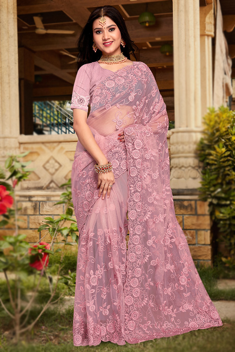 Buy Festival Wear Pale Pink Net Embroidered Saree SARV161209