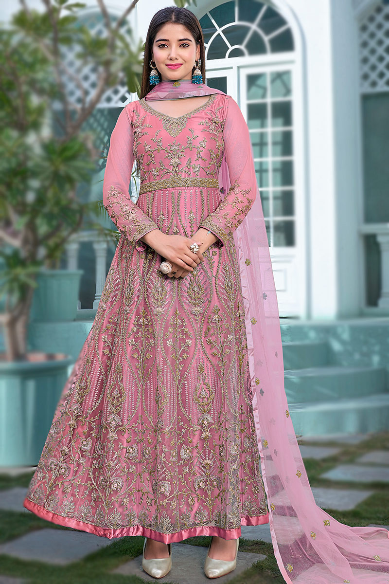 Pink net abaya style anarkali suit top