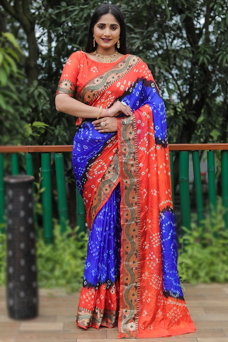 Royal Blue and Red Color Meenakari Banarasi Saree | End your search here.  Be it bridal or party wear, IndyVogue has endless choice for you. Try out  this Royal Blue and Red