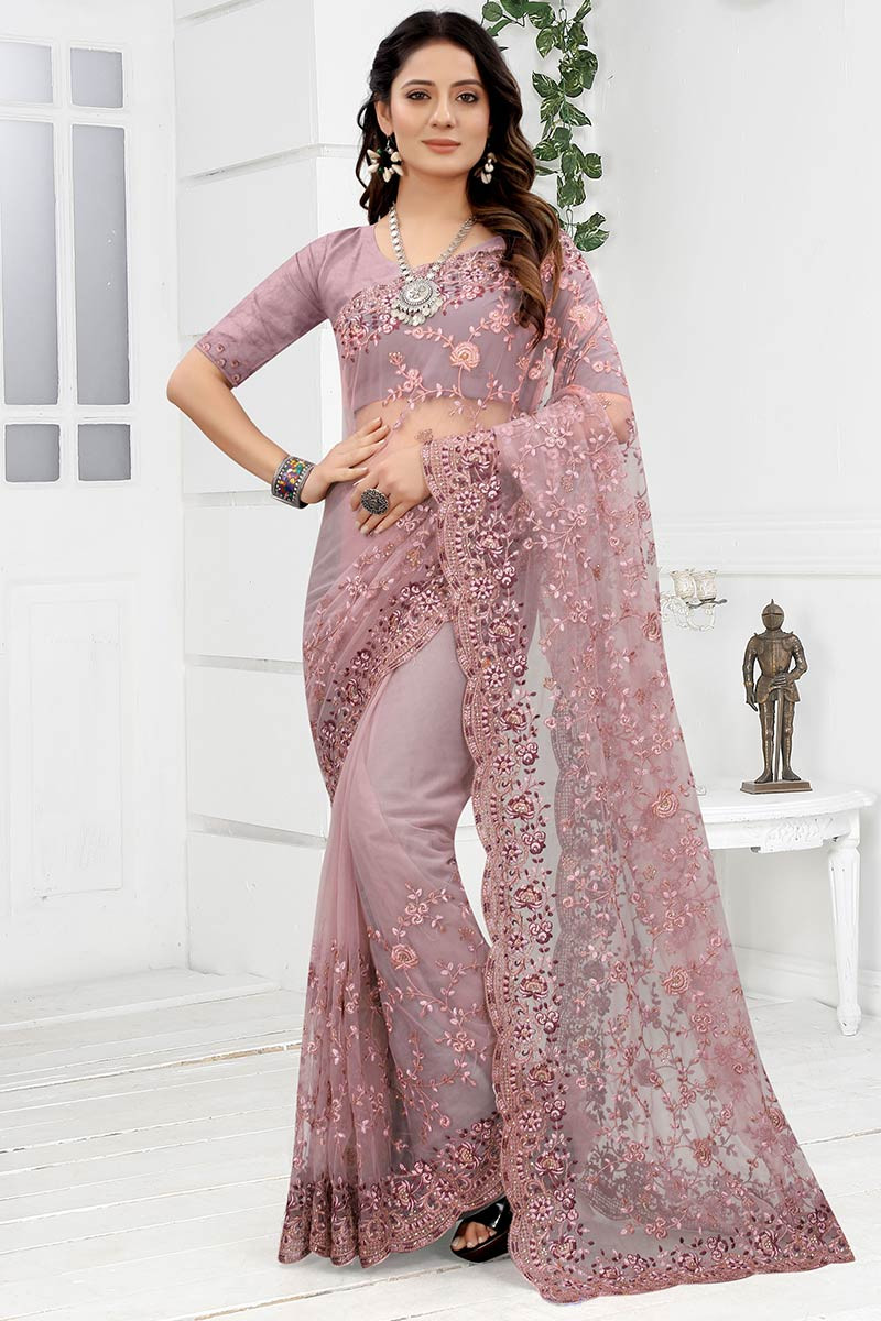 Modest Wear Mauve Pink Net Embroidered Saree SARV128372