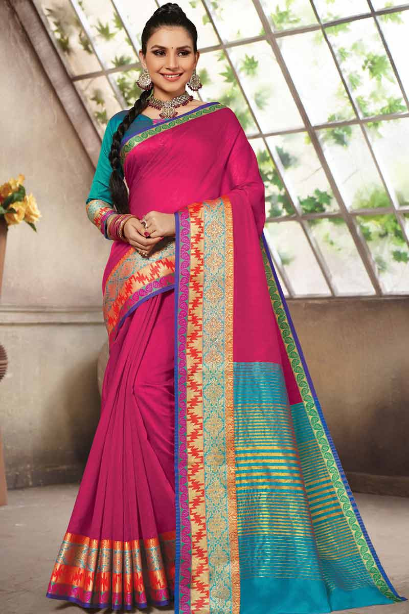 Festive Wear Hot Pink Cotton Weaving Print Saree