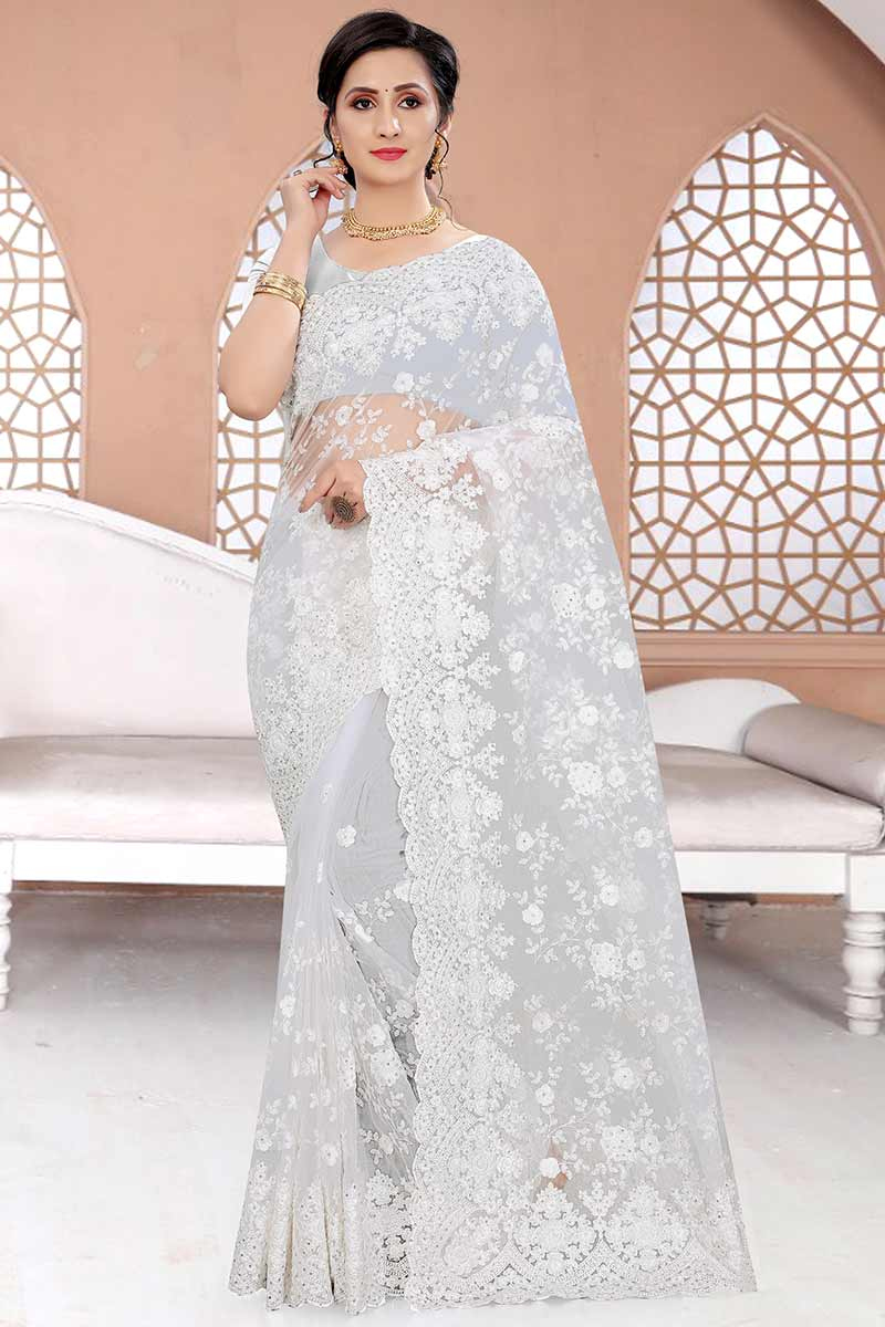 Festive Wear White Net Embroidered Saree