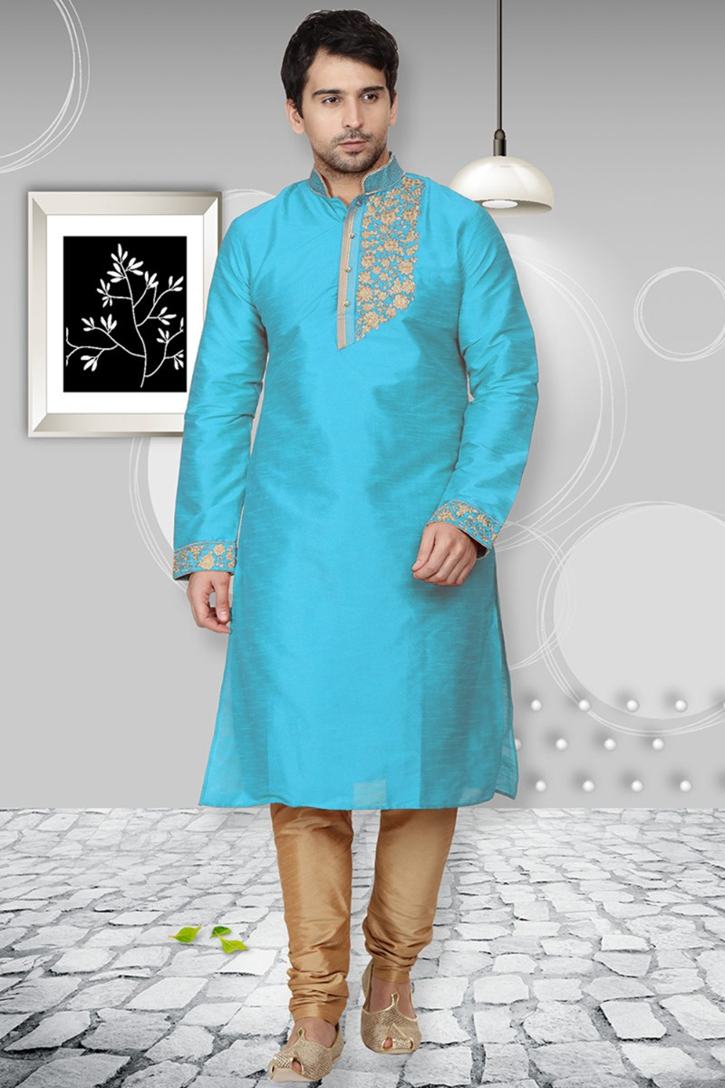 Wedding Special Firozi Blue Silk Kurta Pajama With Zari Work