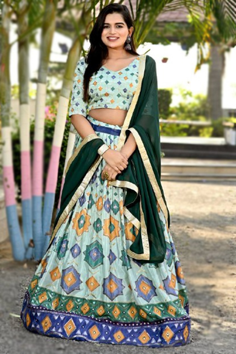 Flared Style Mint Green Printed Chinnon Lehenga Choli For Mehndi 
