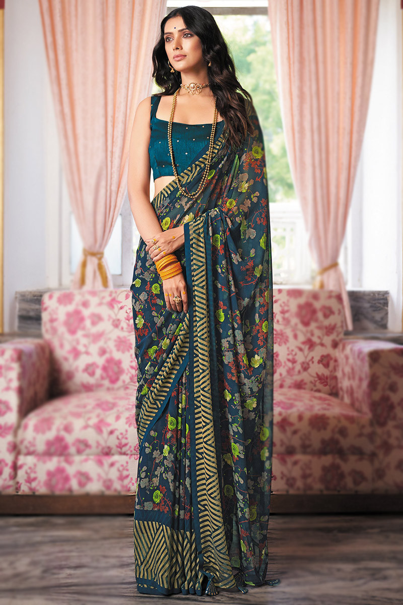 Off White And Pink Floral Pattern Digital Print Georgette Saree With T –  Fabcurate