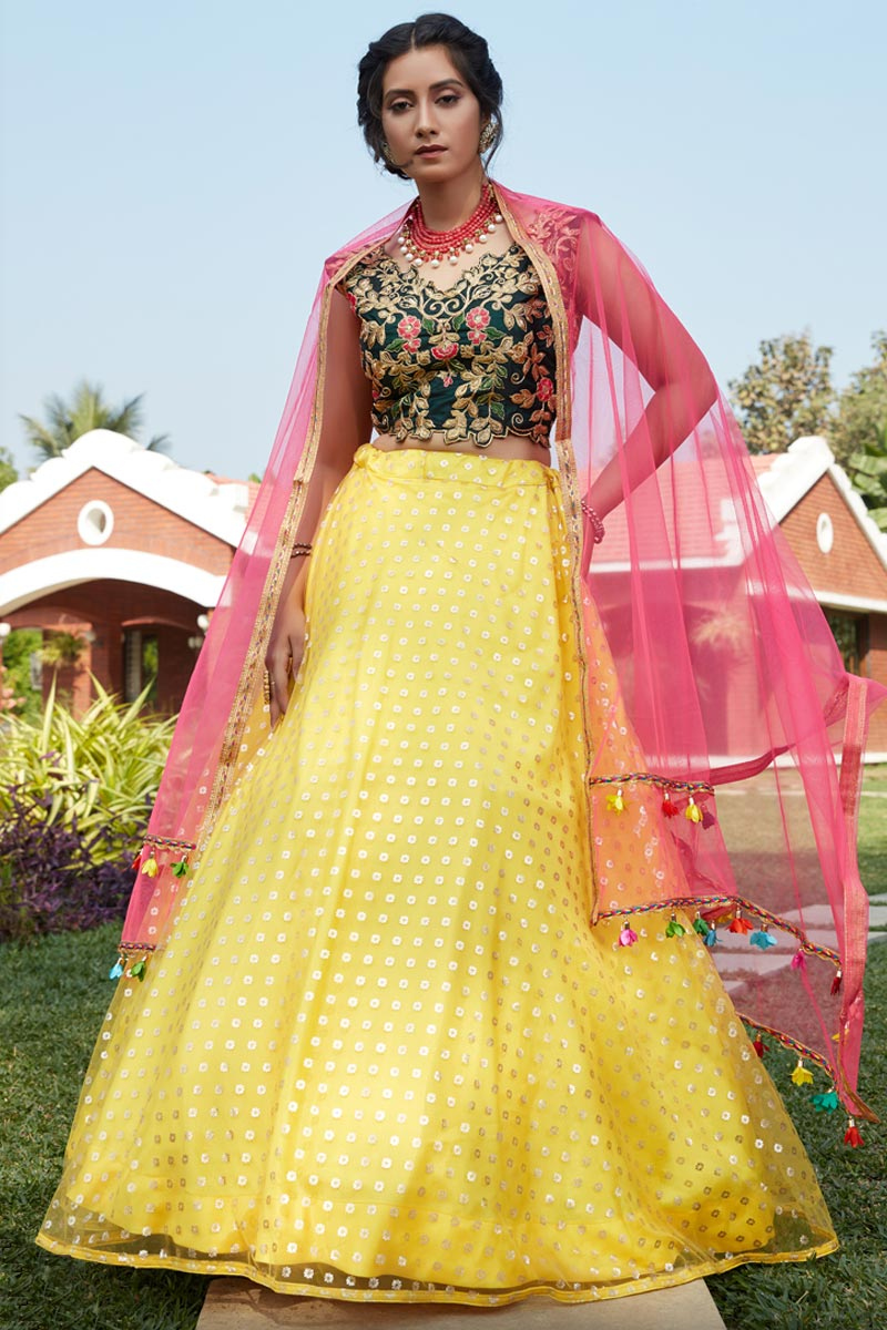 Floral Print Net A Line Yellow Lehenga