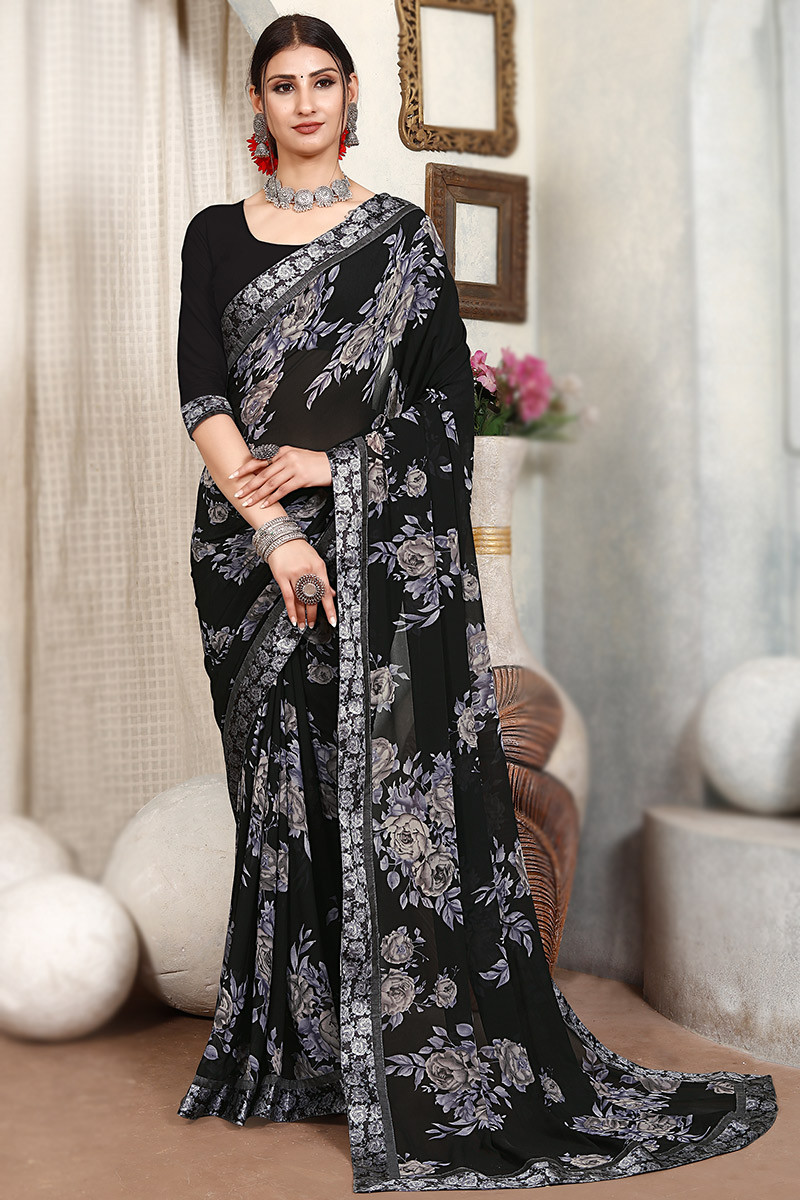 Oil Black Satin Printed Saree