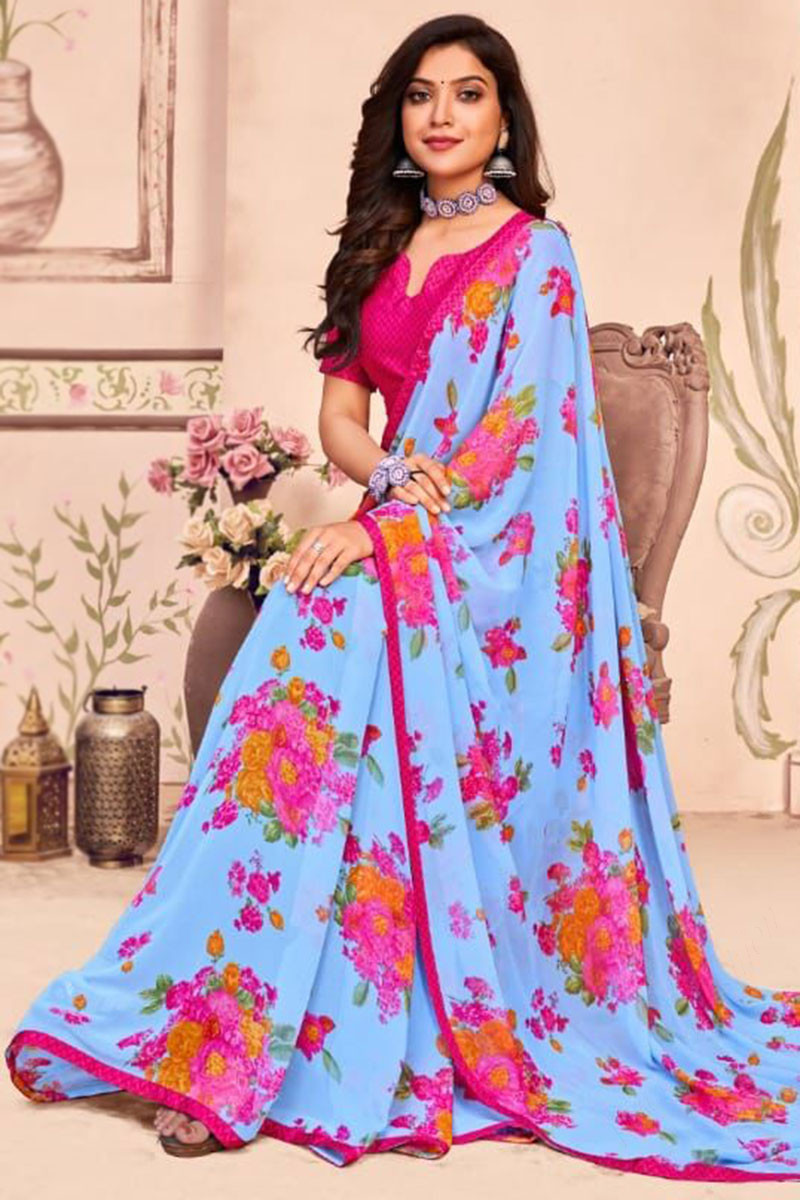 Buy Sanemy Floral Print Bollywood Georgette White, Blue Sarees Online @  Best Price In India | Flipkart.com