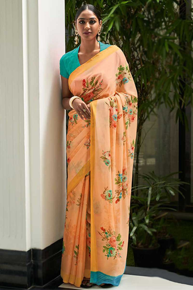 Satin Flower Georgette Satin Patta Printed Designer Sarees With Blouse -  Zakarto