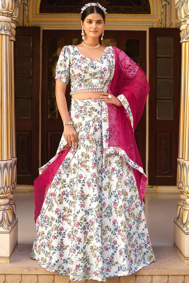 Floral Print White Silk Lehenga