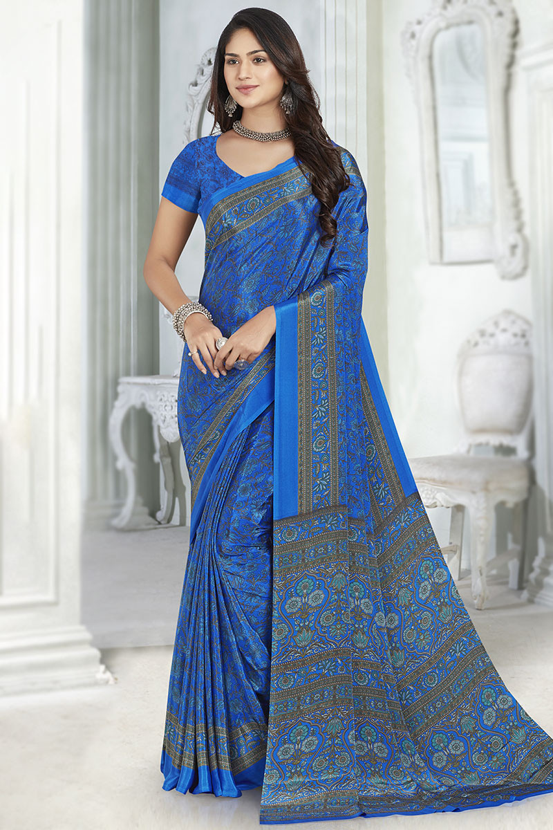 Printed Crepe Saree in Royal Blue : SEW13442