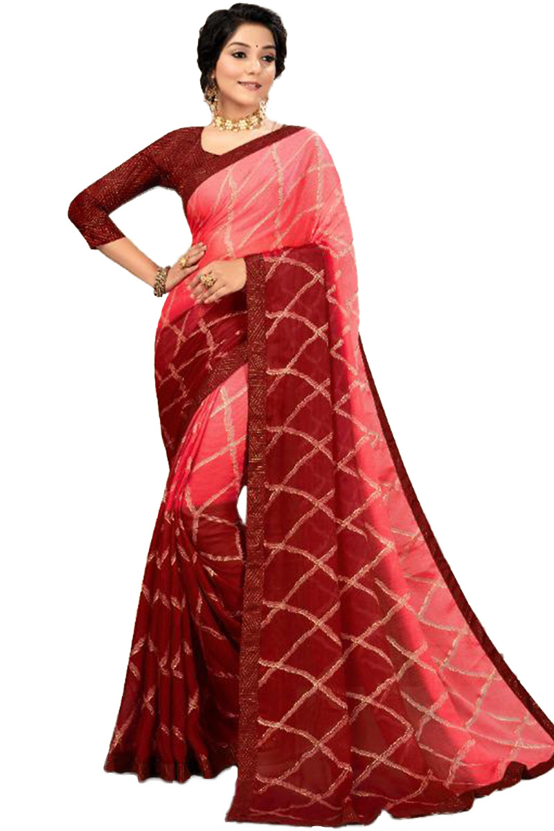 Foil Print Chiffon Dark Maroon Saree