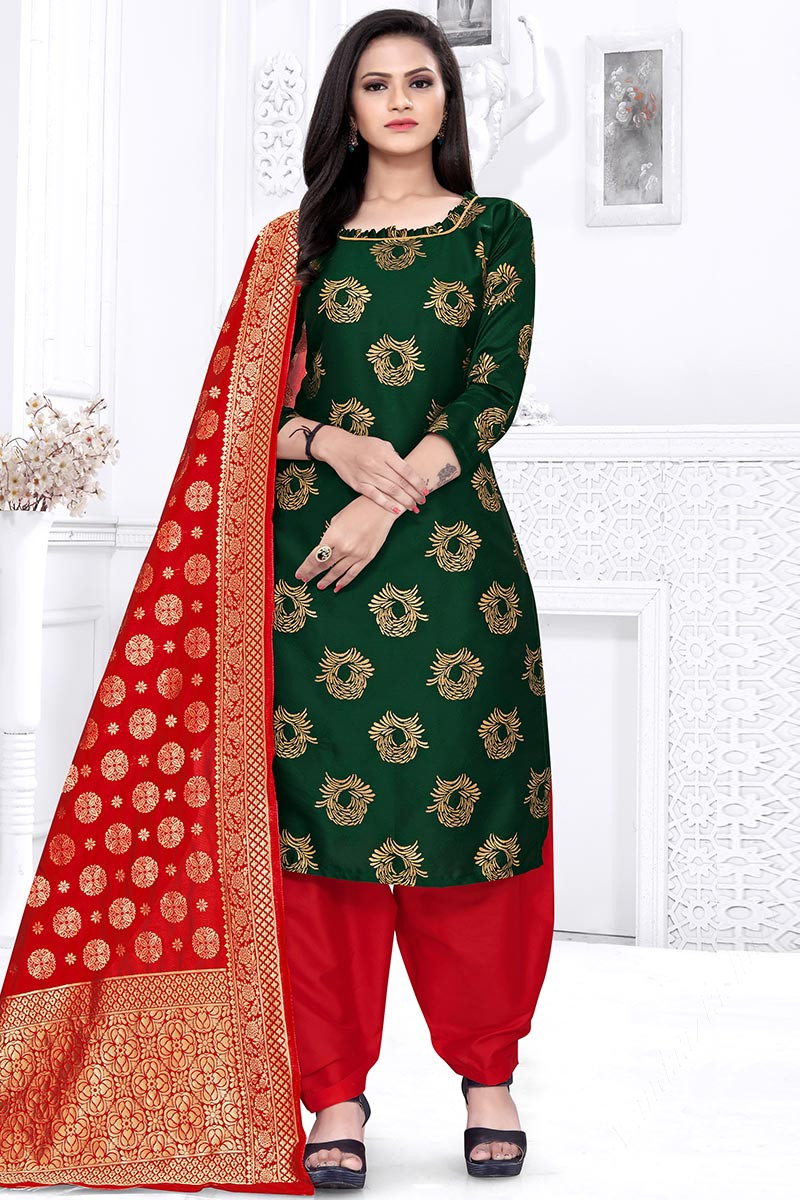 Foil Print Cotton Silk Bottle Green Patiala Suit