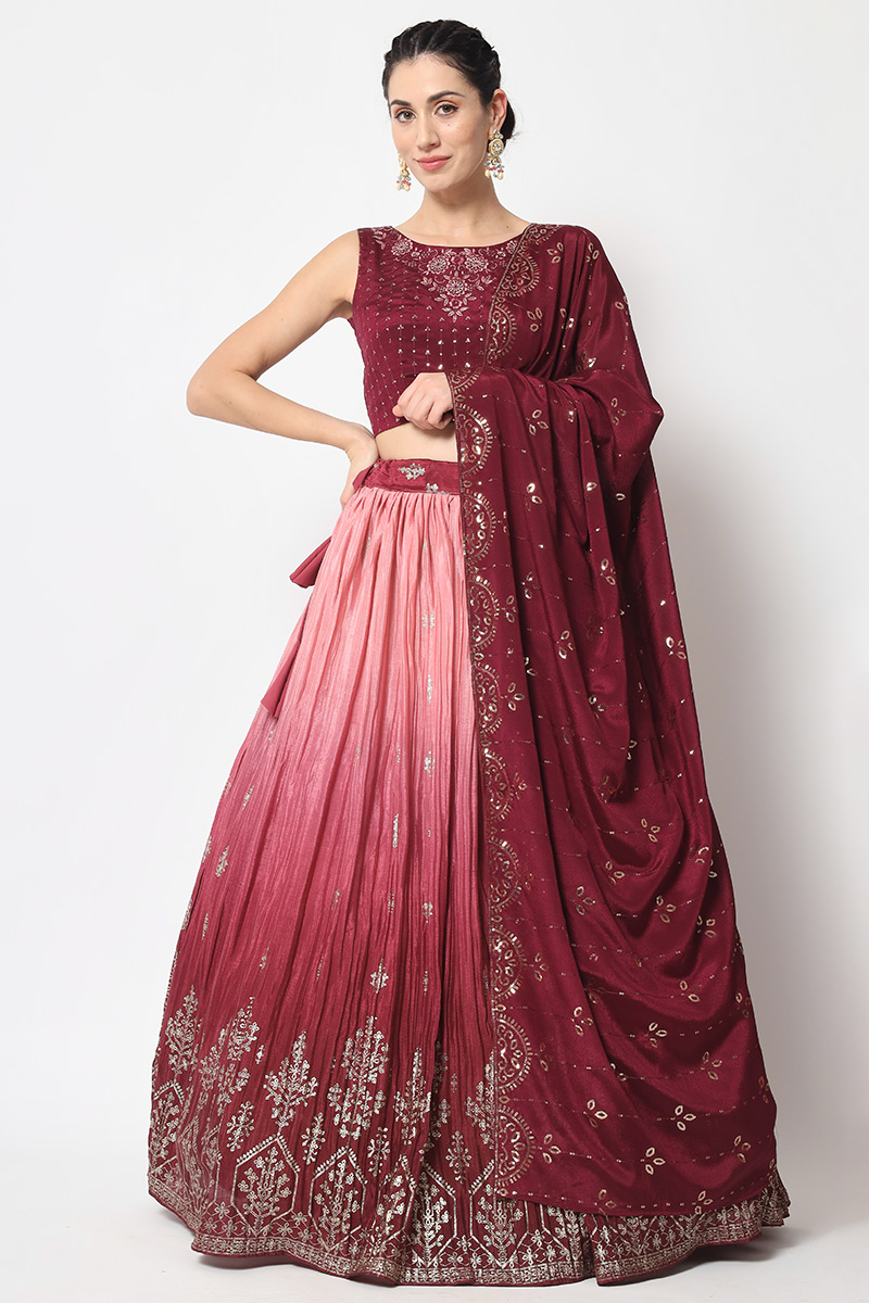 Foil Print Embroidered Chinnon Wine Maroon Lehenga
