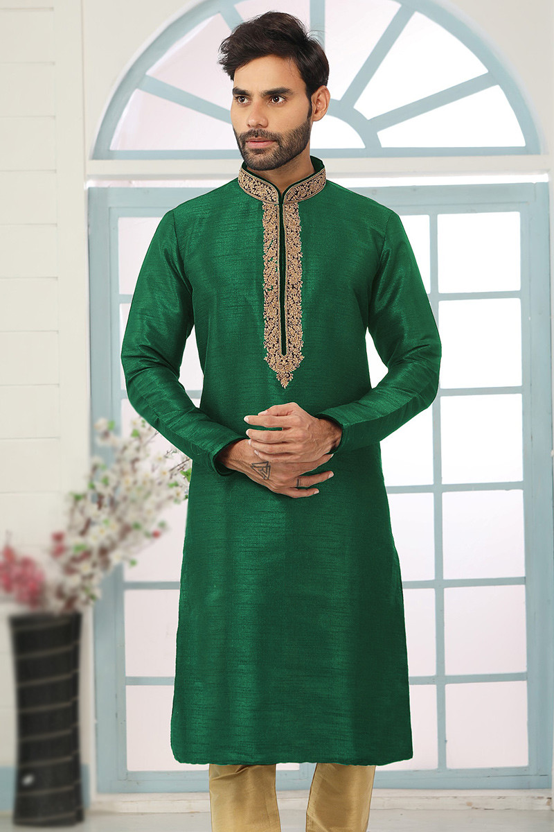 Forest green Dupion Silk Embroidered Straight Cut Men s Kurta