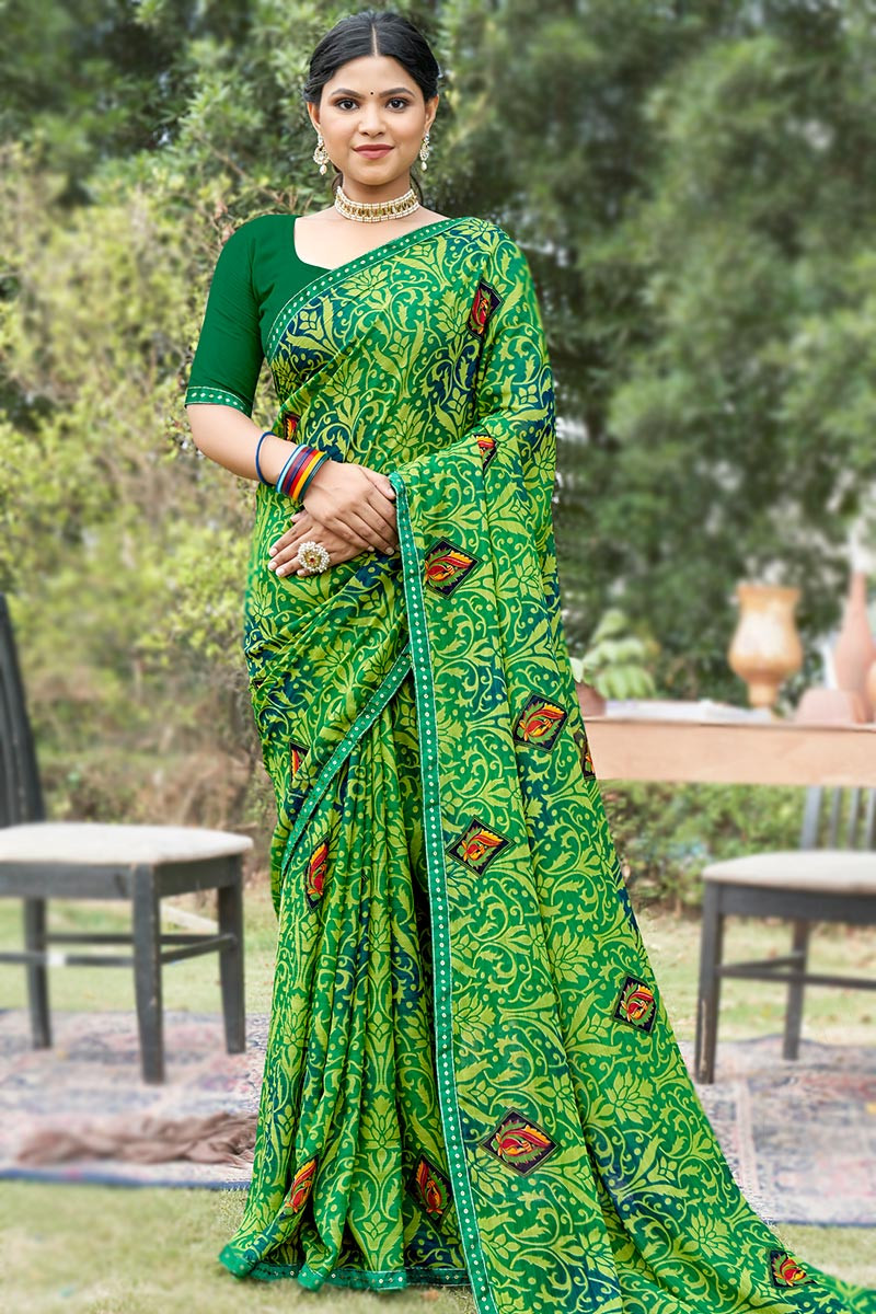 Traditional wear Light Green Georgette Embroidered Elinor Saree – Cygnus  Fashion