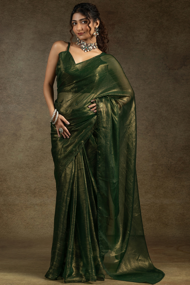 Forest Green Tissue Saree with Shimmer for Mehndi