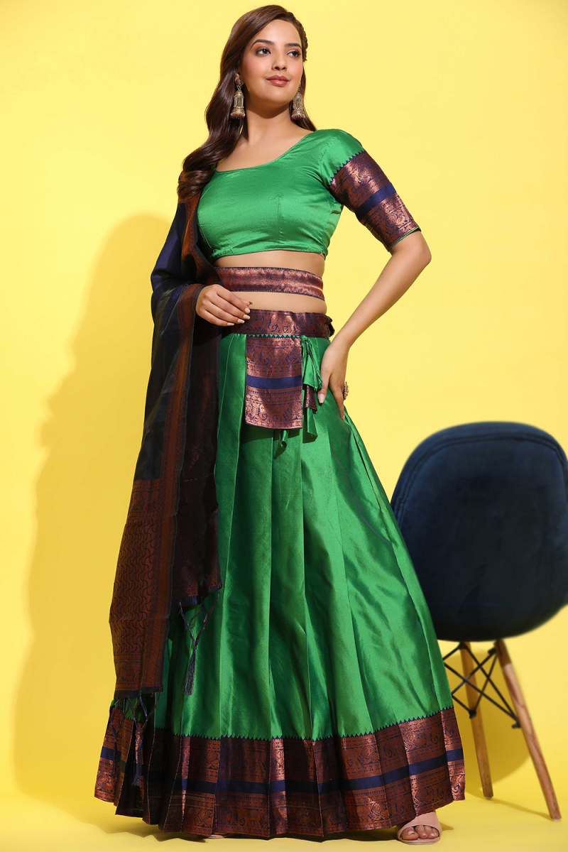 Forest Green Weaved Zari Silk Casual Wear Flared Style Lehenga 