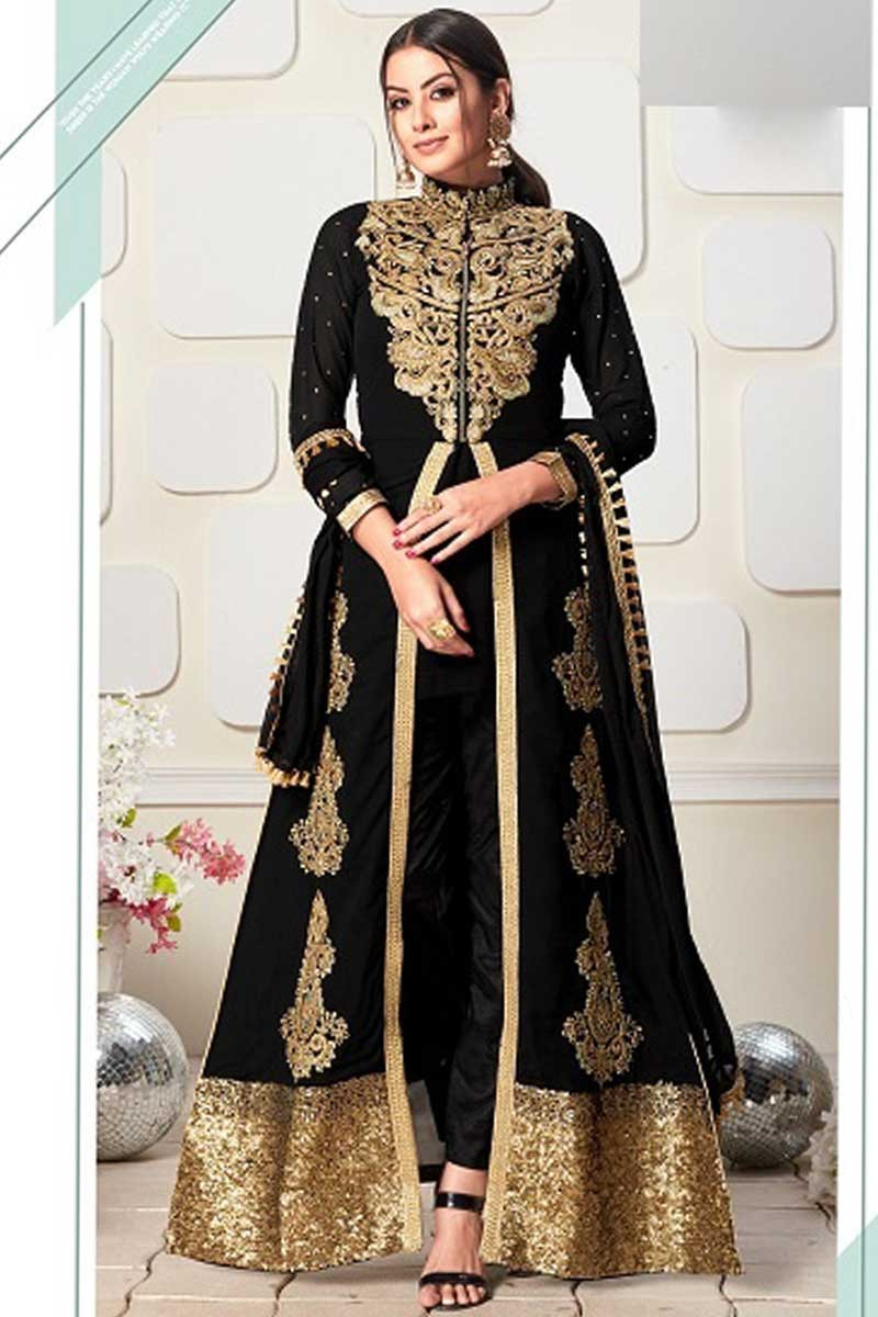 Black Colored Georgette Anarkali Suit With Dupatta - Anarkali