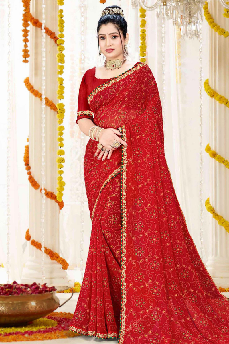 Georgette Bandhej Print Cherry Red Saree For Navratri