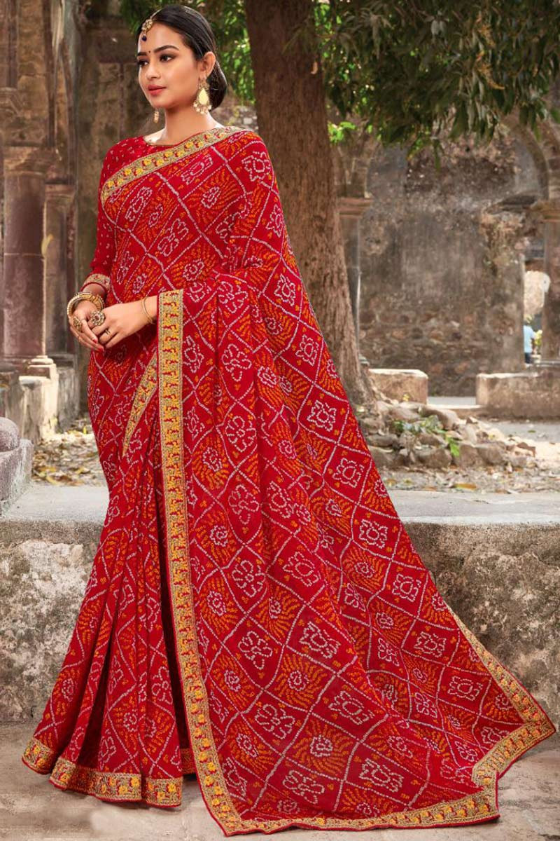 Georgette Bandhej Saree In Berry Red Colour