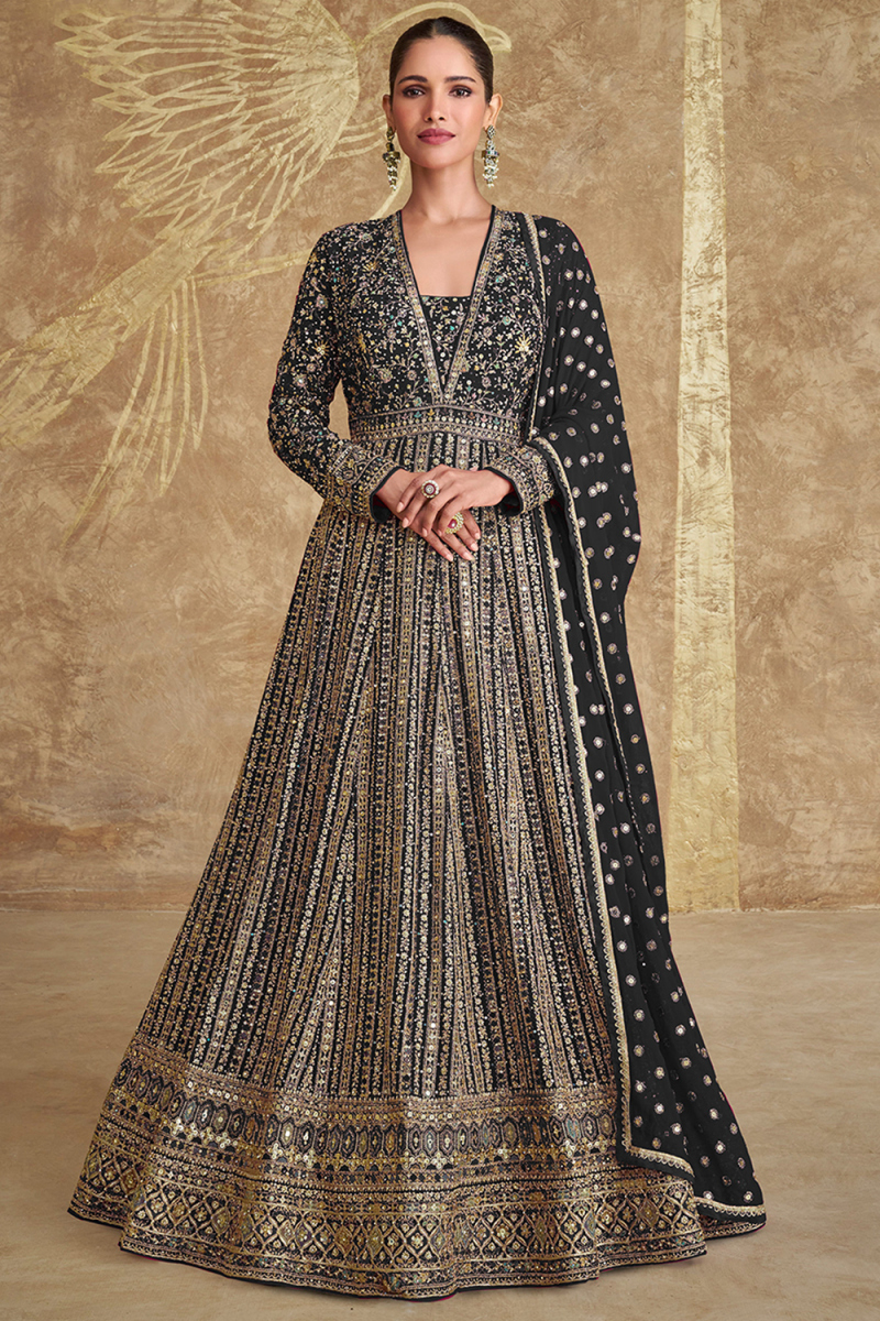 Georgette Black Anarkali Suit with Zari Work for Weddings