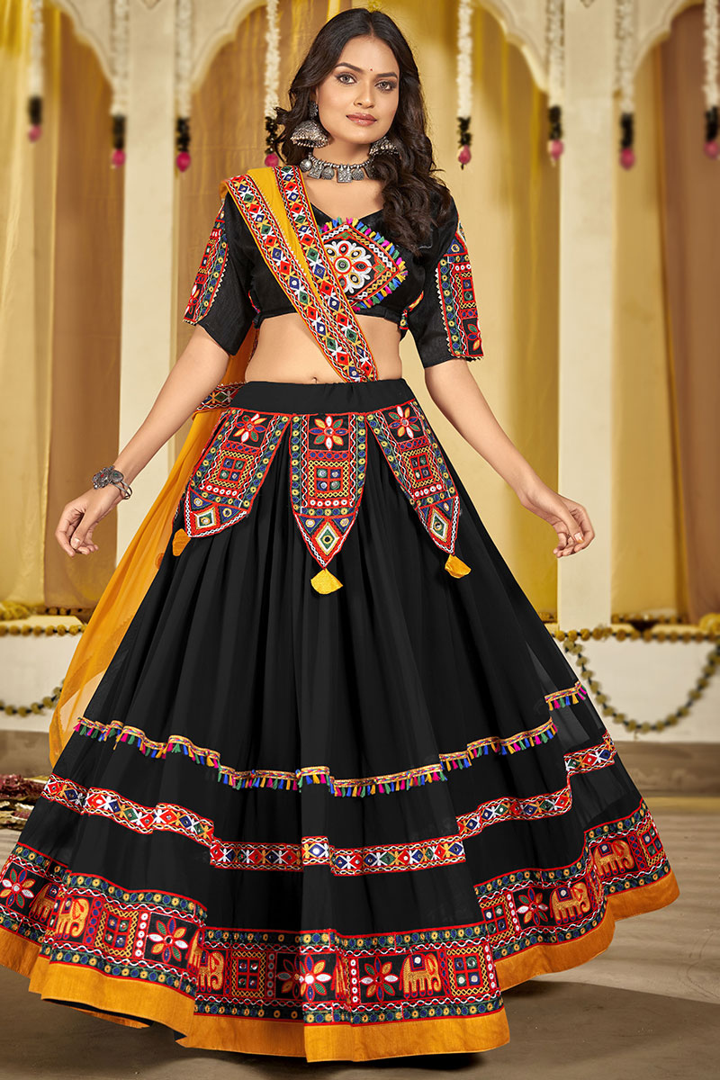 Georgette Black Embroidered Flared Style Chaniya Choli