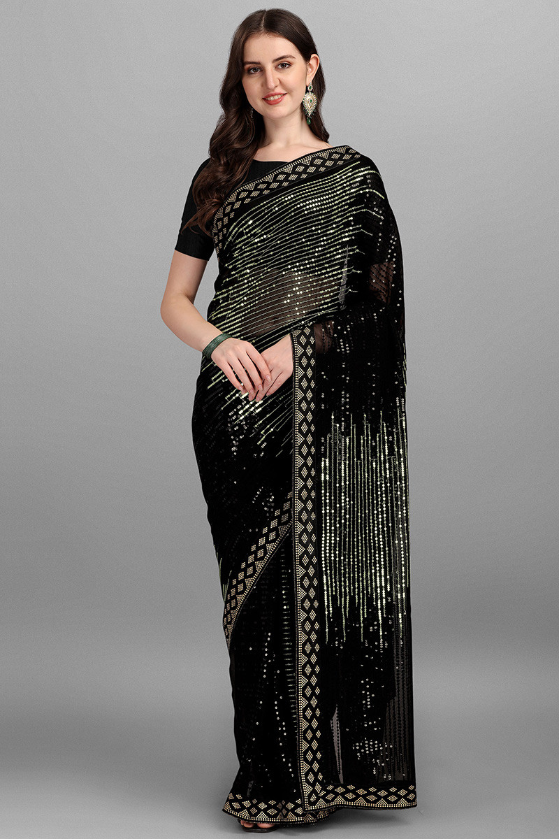 Buy Women Black Tonal Sequin Embroidered Saree Set With Blouse And Belt -  Black Beauty - Indya