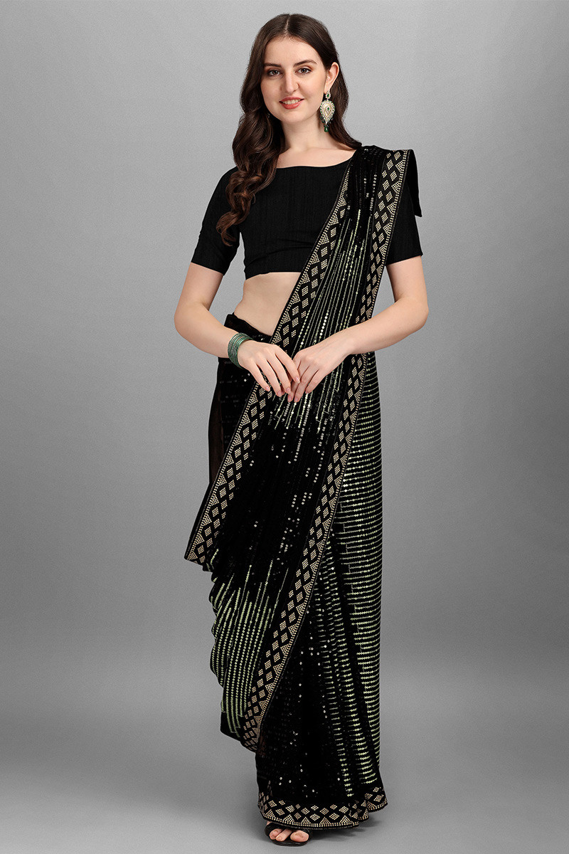 Black Pre Stitched Saree With Lace Blouse - Etsy