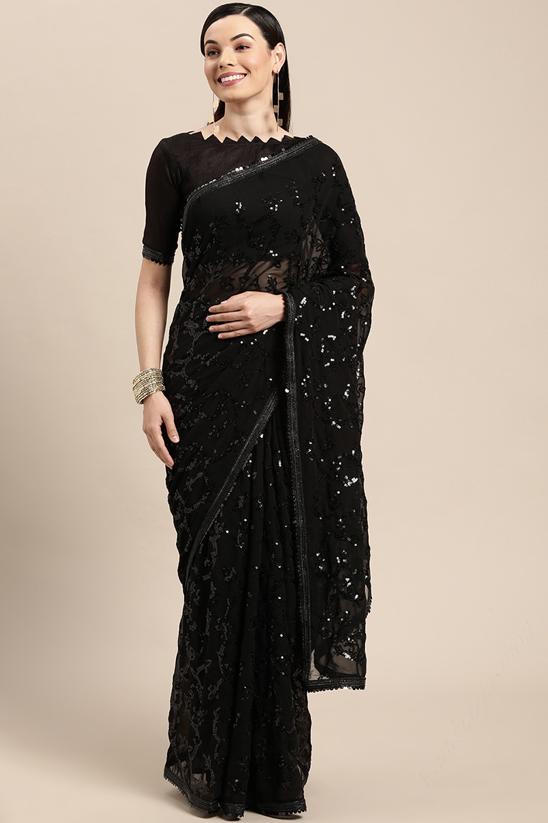 Georgette Black Party Wear Embroidered Saree SARV158449