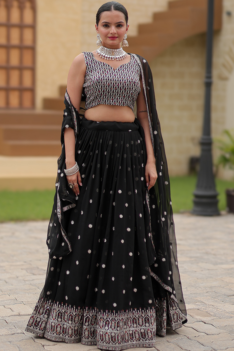 Georgette Black Sequins Embroidered Flared Style Lehenga 